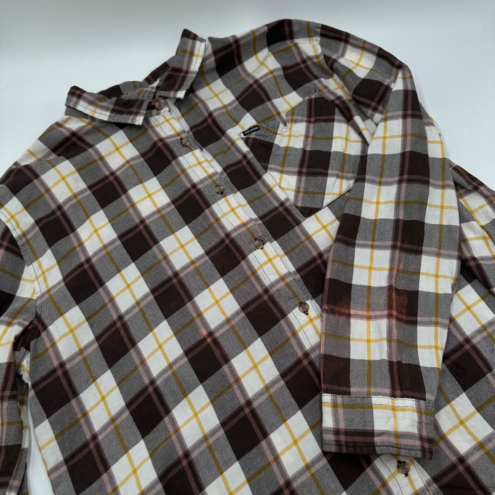 Volcom Flannel Shirt Womens XL Brown Plaid Fair Long Sleeve Skate Casual Top